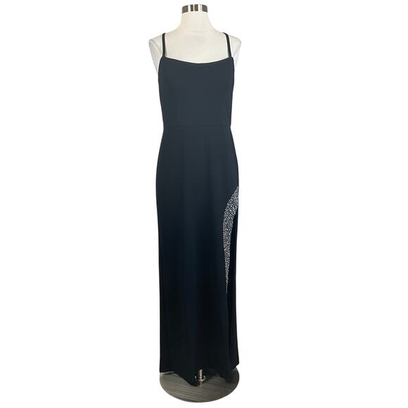 Black Beaded Backless Long Evening Gown Size 10 Nightway Sleeveless Thigh Slit - Picture 1 of 13